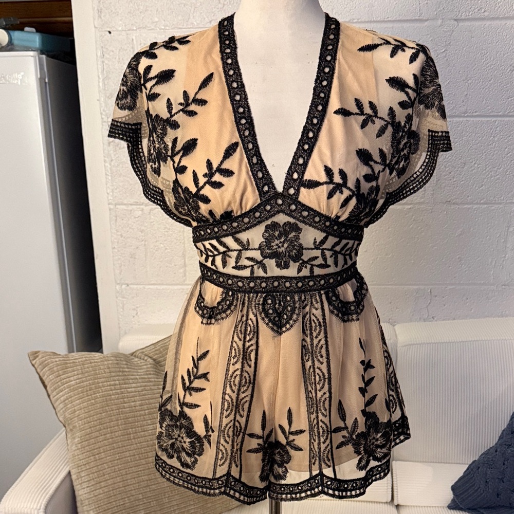 Honey Belle Black and Cream Embroidered Romper